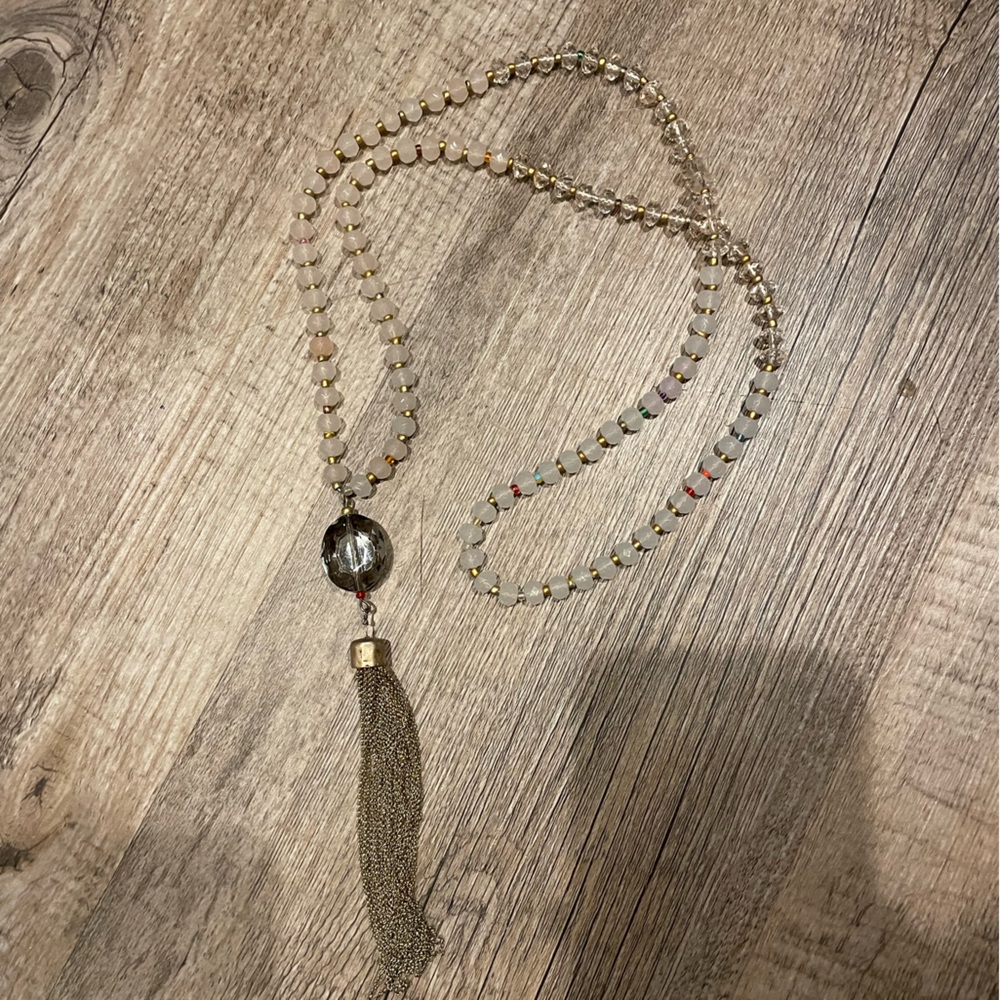 LOFT Gold and Cream Beaded Necklace with Tassel